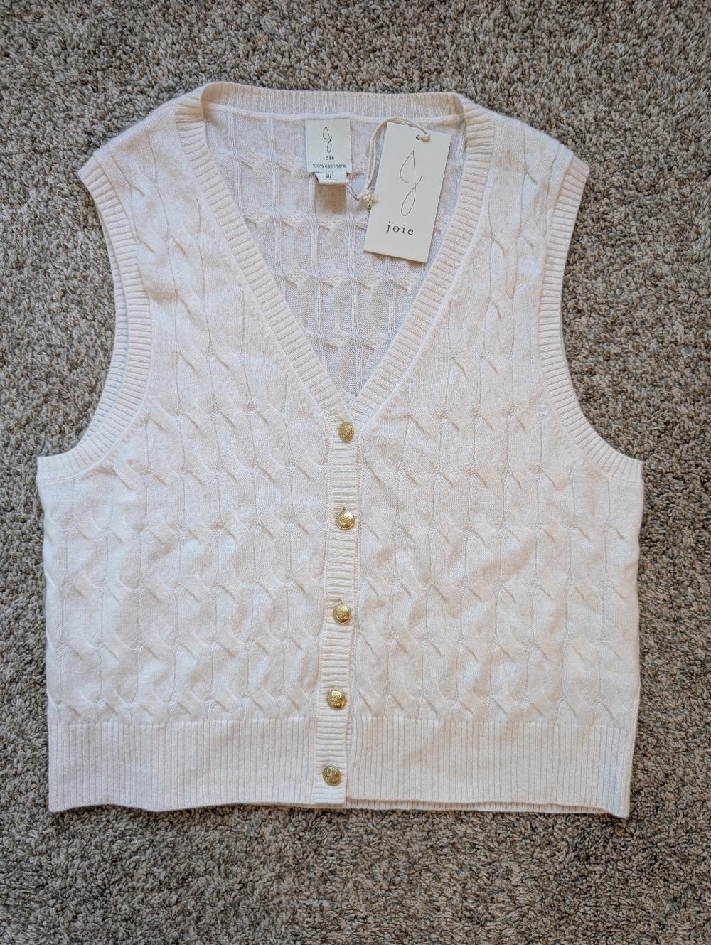 NWT Joie Cashmere White Cable Knit Sweater Vest Women's L - Gold Buttons